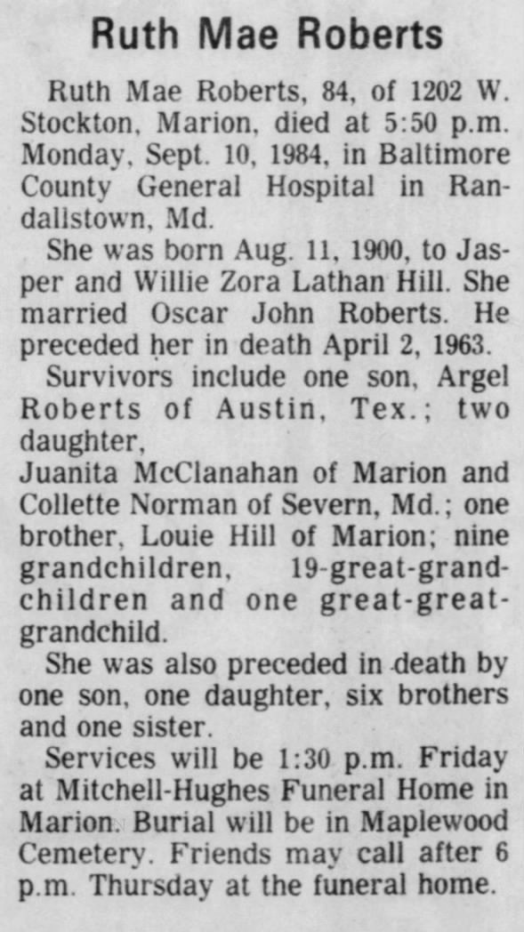 Obituary for Ruth Mae Roberts, 1900-1984 (Aged 84)